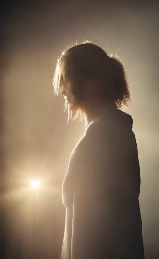 Prompt: very very beautiful photograph of emily skinner looking like annie leonhart standing next to a window god rays shining on her from the sunlight, volumetric fog, smoke, depth of field, beautiful composition, featured on artstation and instagram