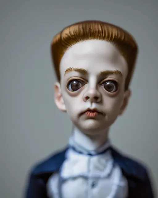 Prompt: high quality presentation photo of Steve Buscemi porcelain doll in the style of mark ryden photography 4k, f1.8 anamorphic, bokeh, 4k, Canon, Nikon