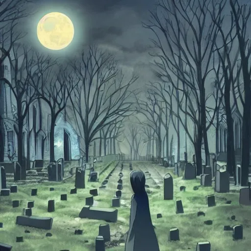 Prompt: anime hd, anime, 2 0 1 9 anime, ghost children, children born as ghosts, dancing ghosts, london cemetery, albion, london architecture, buildings, gloomy lighting, moon in the sky, gravestones, creepy smiles