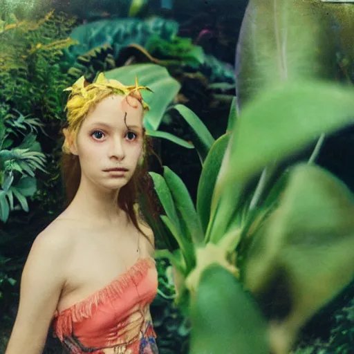 Image similar to grainy head to shoulder portrait Polaroid film photograph of a small magical fairy in a tropical greenhouse. looking at the camera!!. super resolution. surreal. Extremely detailed. Polaroid 600 film. by Annie Leibovitz and Richard Avedon