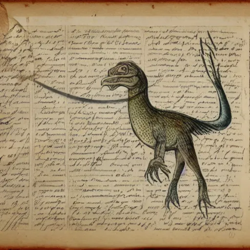 Prompt: vintage parchment with a sketch of a feathered dinosaur with full descriptions, 8K, HD, highly detailed, high quality