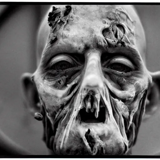 Image similar to real life irradiated undead acute radiation sickness flaking, melting, rotting skin 1950s nuclear wasteland black and white award winning photo highly detailed, highly in focus, highly life-like, facial closeup taken on Arriflex 35 II, by stanley kubrick