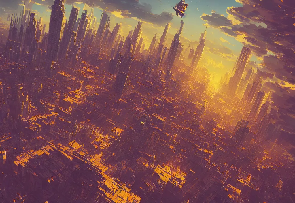 Prompt: flying city by alena aenami, city in the sky, buildings are flying, steampunk, digital art, 4 k, trending on artstation, impressive, epic composition, highly detailed, golden hour, no ground
