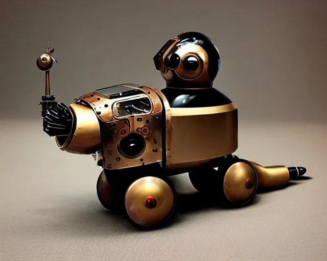 Prompt: futuristic steampunk ferret - shaped robot, cyberpunk ferret - shaped mechanical robot