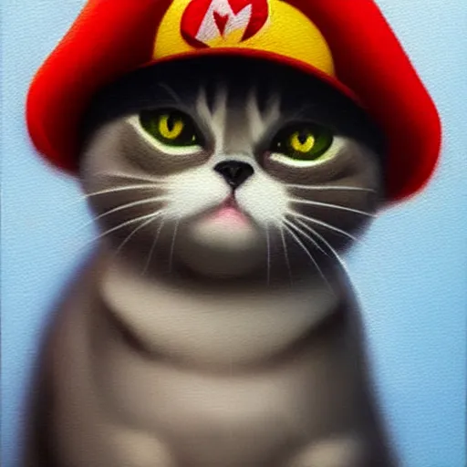 Prompt: A beautiful oil painting of a Kawaii Cat wearing a Super Mario Hat, art by old masters, volumetric lighting, photorealistic, highly detailed.