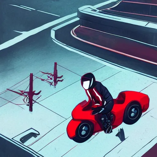 Image similar to man with a red jacket on a old highway walking toward a red futuristic racing motorbike, isometric view from behind, ink drawing, wide angle, ultra realistic, intricate details, ultra detailed, sharp focus, trending on artstation, art by artgerm and greg rutkowski