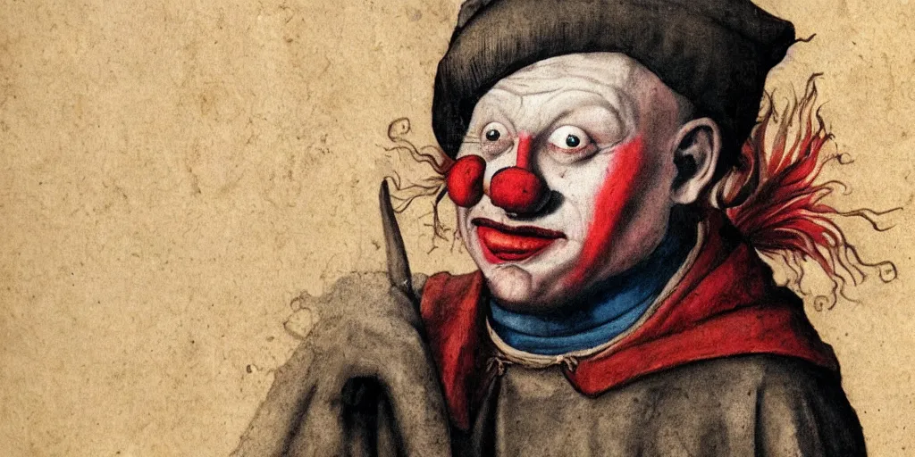 Image similar to realistic portrait of a medieval clown, 1450, ink, 8k, ultra realistic