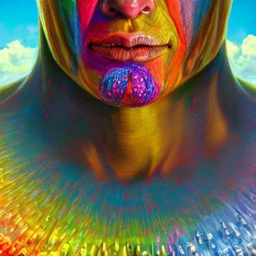 Image similar to photo of 8k ultra realistic god mouth filled with multi color crayons, clear sky, full of colour, cinematic lighting, battered, trending on artstation, 4k, hyperrealistic, focused, extreme details,unreal engine 5, cinematic, masterpiece, art by John Berkey