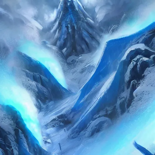 Prompt: blue glacier volcano eruption, blue glacier volcano eruption, blue liquid and snow, blue glacier volcano eruption, snow dust everywhere, snow army battlefield, ice cold blue theme, bright masterpiece artstation. 8 k, sharp high quality artwork in style of jose daniel cabrera pena and greg rutkowski, concept art by tooth wu, blizzard warcraft artwork, hearthstone card game artwork