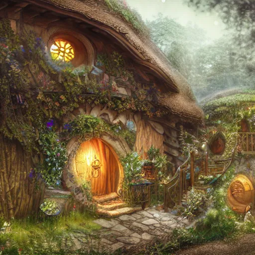 Image similar to a medieval hobbit house, ornate, beautiful, atmosphere, vibe, flowers, concept art illustration, color page, 4 k, tone mapping, doll, akihiko yoshida, james jean, andrei riabovitchev, marc simonetti, yoshitaka amano, digital illustration, greg rutowski, volumetric lighting, sunbeams, particles