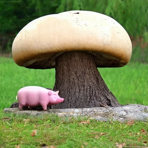 Prompt: a cute pig meditating like buddha on top of a giant mushroom, large willow tree in the background. ”