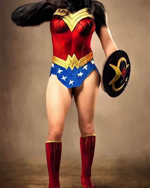 Image similar to Full body photos of a beautiful Chimpanzee dressed as Wonder Woman. Hyperreal, photorealistic, photography in the style of Annie Leibovitz