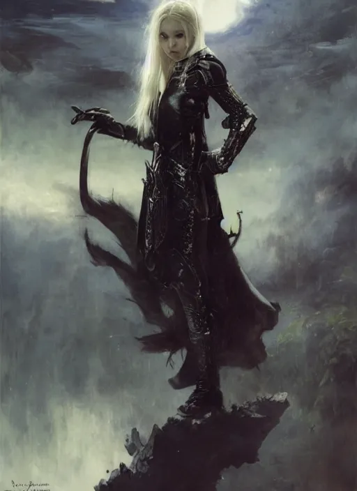 Prompt: young blonde vampire girl with long fangs wearing black medieval armour, by gaston bussiere, bayard wu, greg rutkowski, giger, maxim verehin, greg rutkowski, masterpiece, sharp focus, cinematic lightning