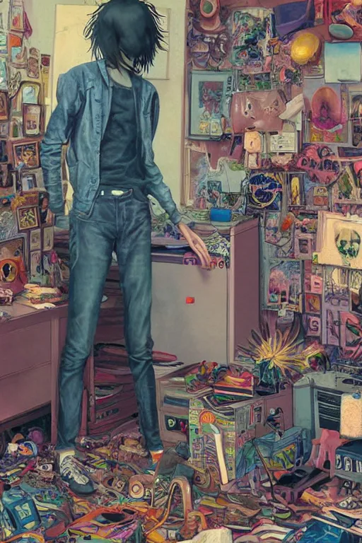 Image similar to a skinny goth guy standing in a cluttered 9 0 s bedroom, full body character concept art, vaporwave colors, andrew ferez art,