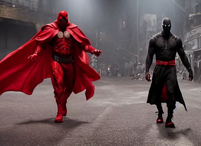 Image similar to film still of michael b jordan as spawn in the new spawn movie, giant chains, large cape, 8 k