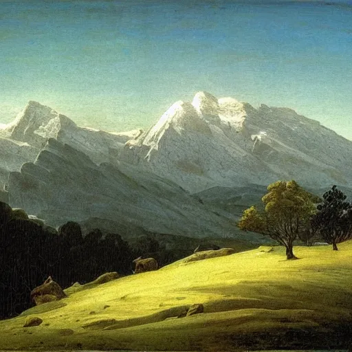 Prompt: clean grassland, snow - capped mountains in the distance, clouds in the sky, caspar david friedrich