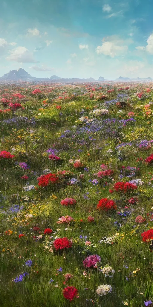 Prompt: an aesthetic field of flowers, alpines, greg rutkowski, zabrocki, karlkka, jayison devadas, trending on artstation, 8 k, ultra wide angle, zenith view, pincushion lens effect