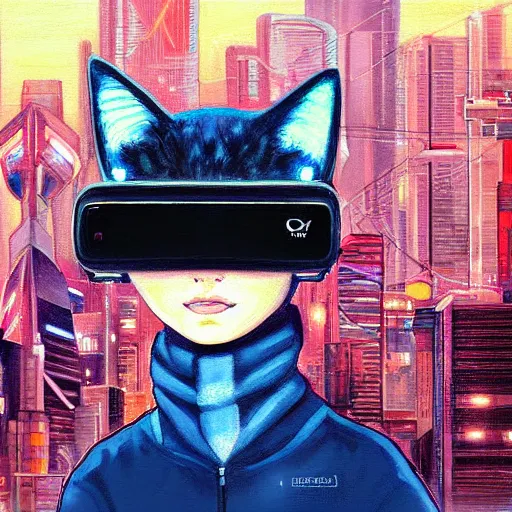 Prompt: a painting of a cat wearing oculus rift with a city in the background, cyberpunk art by hikari shimoda, trending on artstation, panfuturism, dystopian art, circuitry, sci - fi