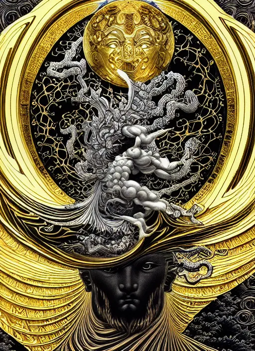 Prompt: detailed mighty poseidon god, by hokusai and james gurney + black paper with intricate and vibrant gold line work + tarot card + mandelbulb fractal + full of silver layers + portrait + trending on artstation + incredible gold and black gothic illustration + exquisite detail