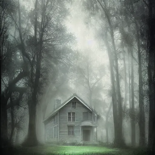 Prompt: old house in ethereal lush forest with mystical ambiance and fog, desaturated, realistic, sharp focus, highly detailed, by artgerm