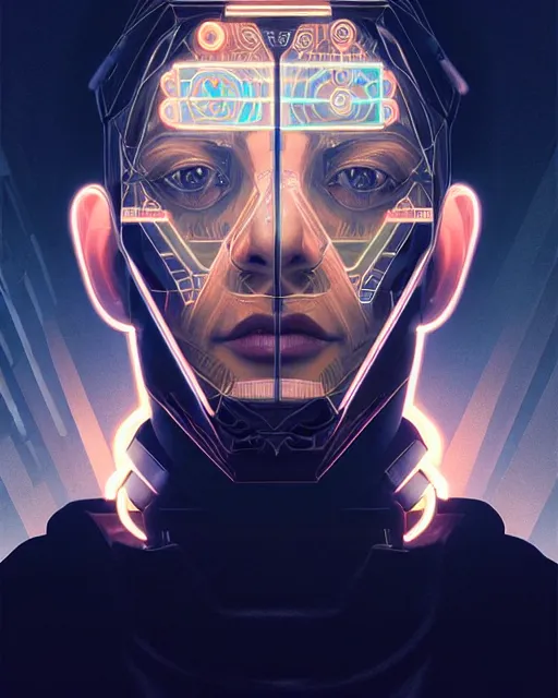 Image similar to symmetry!! centered, head on portrait of a man with face tattoos, sci - fi -, cyberpunk, blade runner, glowing lights, tech, biotech, techwear!! intricate, elegant, highly detailed, digital painting, artstation, concept art, smooth, sharp focus, illustration, art by artgerm and greg rutkowski and alphonse mucha