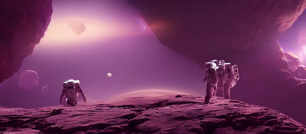 Image similar to one astronaut on purple crystal, beautiful dynamic lighting, cinematic, wide angle establishing shot, extremely high detail, photo realistic, cinematic lighting, post processed, concept art, artstation, matte painting, style by frederic church, raphael lacoste, unreal engine 8 k, roger deakins