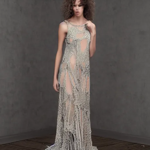 Image similar to fantastically beautiful long knitted large knitted evening dress. light colors. on top of the intricate black ornament openwork. and colored beads. asymmetrical. detailed. a masterpiece.