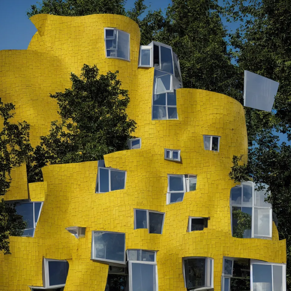 Image similar to a small house, designed by Frank Gehry. Big Tiles. Film grain, cinematic, yellow hue