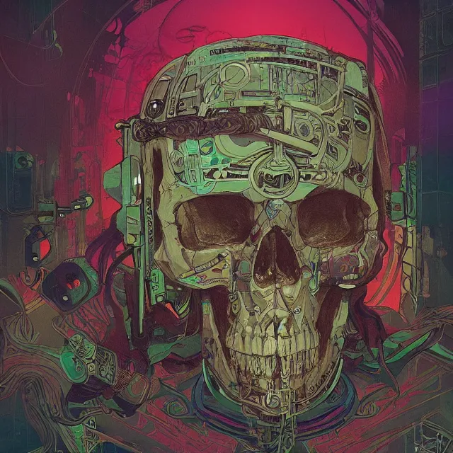 Image similar to a beautiful painting of a ( ( cyberpunk ) ) skull by simon stalenhag and pascal blanche and alphonse mucha! and nekro!. in style of digital art. colorful comic, film noirs!, symmetry, hyper detailed. octane render. trending on artstation