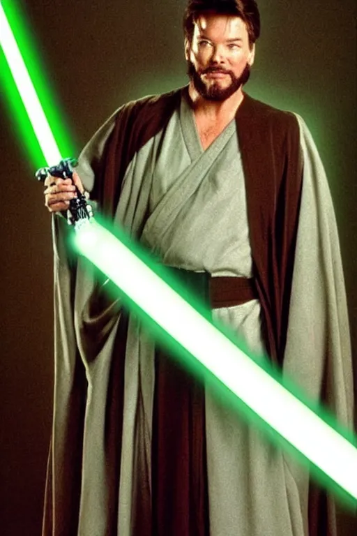 Prompt: photorealistic!! 1 9 9 0's jonathan frakes as a jedi knight, brown jedi robe, holding a green lightsaber, film quality