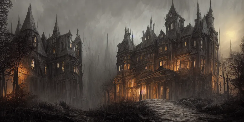 Prompt: a dark fantasy landscape with a haunted mansion, wide angle, super highly detailed, professional digital painting, artstation, concept art, smooth, sharp focus, no blur, no dof, extreme illustration, Unreal Engine 5, Photorealism, HD quality, 8k resolution, cinema 4d, 3D, beautiful, cinematic, art by artgerm and greg rutkowski and alphonse mucha and loish and WLOP