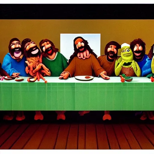 Image similar to the last supper with the cast of the muppet show, painted by michelangelo