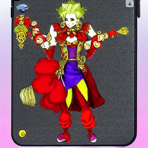 Prompt: kefka palazzo from final fantasy vi using a smartphone in the style of yoshitaka amano