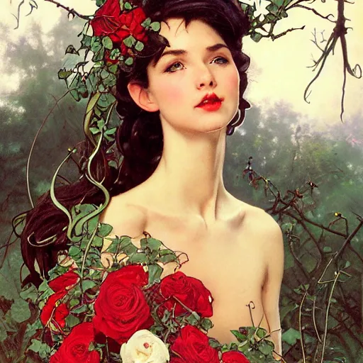 Prompt: profile portrait of a young fantasy elf princess, head only, headshot, royalty, surrounded by thorns and roses, white hair, light skin, mouth slightly open, thorn border, thorn background. by Stanley Artgerm Lau , greg rutkowski, thomas kindkade, alphonse mucha, loish, norman rockwell, J. C. Leyendecker. D&D, fantasy. Trending on artstation rule of thirds, detailed illustration, detailed lighting hd 4k