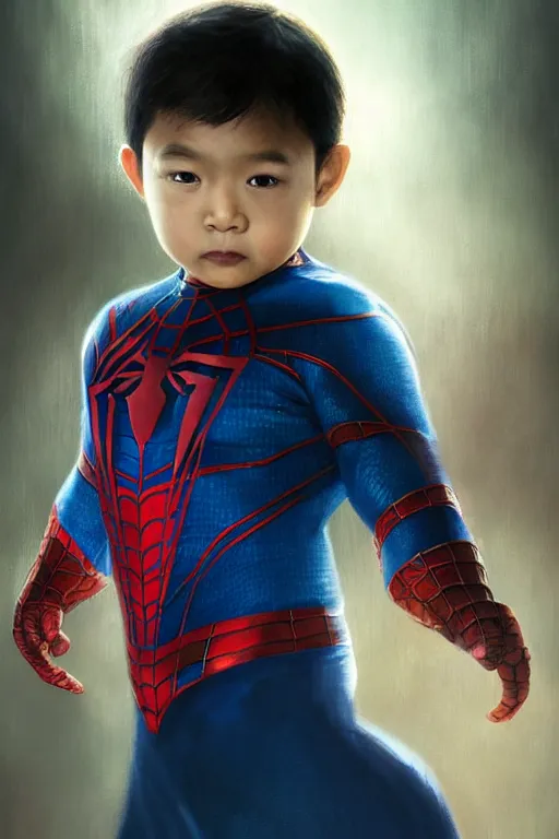 Image similar to majestic and regal portait of asian toddler spiderman, marvel, perfect face, beautiful, intricate, epic, elegant, fantasy, highly detailed, digital painting, hard focus, beautiful volumetric lighting, epic light, ultra detailed, by leesha hannigan, ross tran, thierry doizon, kai carpenter, ignacio fernandez rios