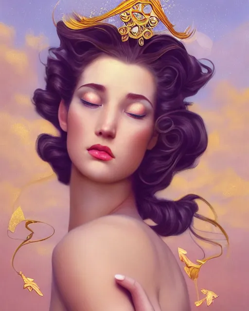 Image similar to a beautiful goldfish woman, pinup pose, long hair, tall and thin, wearing dozens of pendants and a gown of gold, small delicate crown of the sea on her head, illustration, symmetry accurate features, volumetric light clouds, ultra realist soft painting, (art nouveau), octane render, 8k, HD, by Tom Bagshaw, Brom, Charlie Bowater, faces by otto schmidt