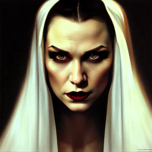 Image similar to close up face of a extremely beautiful bond female VAMPIRE portrait, Masterpiece, oil on canvas, artgerm, norman rockwell, craig mulins, trending on pxiv,