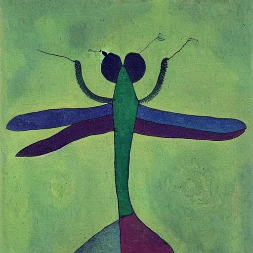 Image similar to a painting of a killer dragonfly by paul klee, intricate detail