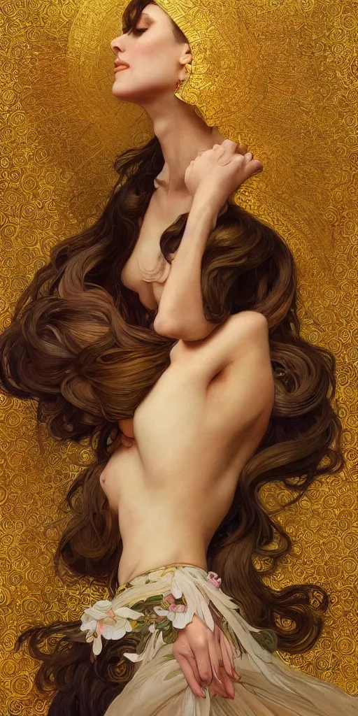 Image similar to ultra realistic illustration studio of a beautiful elegant girl in an artistic pose covered in silk, intricate, elegant, highly detailed, digital painting, artstation, concept art, smooth, sharp focus, illustration, art by artgerm and greg rutkowski and alphonse mucha by klimt