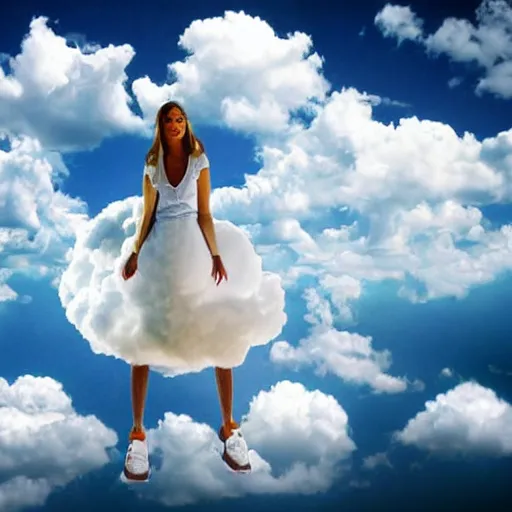 Prompt: goddess wearing a cloud fashion on the clouds, photoshop, colossal, creative, giant, digital art, photo manipulation, clouds, sky view from the airplane window, covered in clouds, girl clouds, on clouds, covered by clouds