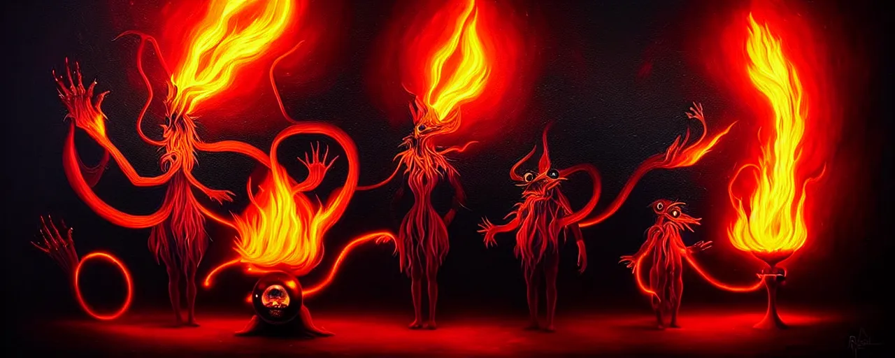 Image similar to whimsical fiery alchemical creatures, surreal dark uncanny painting by ronny khalil