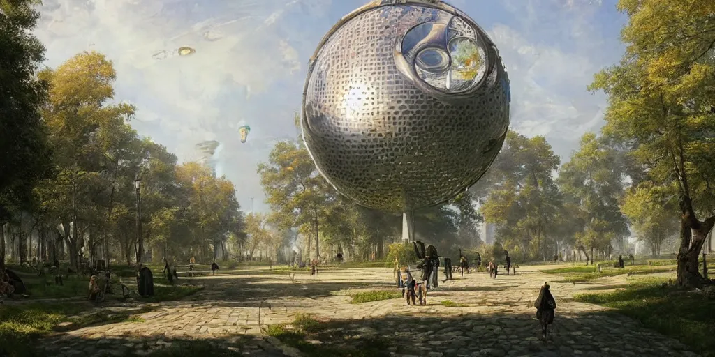 Prompt: a solarpunk city and park with a glorious spherical sci-fi building at its centre, bright and sunny day, Greg Rutkowski and Ivan Shishkin