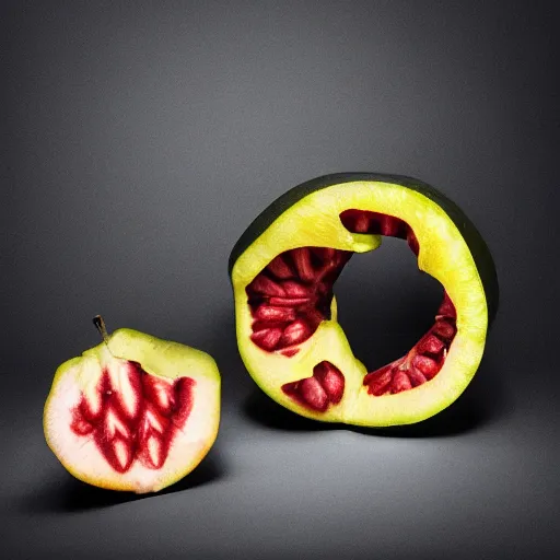 Image similar to mc escher fruit cut in half resting on table