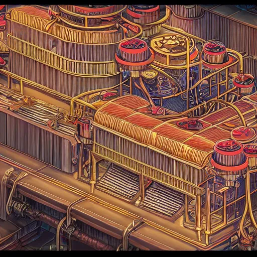 Image similar to fineline painting of an isometric steampunk strawberry jam factory, colour pallette of strawberry shortcake, incredible detail, vray render subsurface scatter drum scanner, intricate complexity, golden ratio, cartoon animation pendleton ward, karol bak, 8 k detail