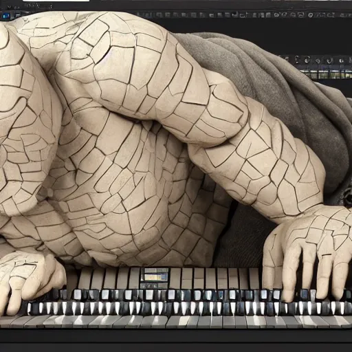 Image similar to a keyboard player made of clay, hyper detailed, 8 k, photorealistic, unreal engine, trending on artstation,