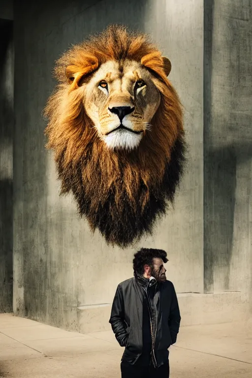 Image similar to Man with a head of a lion in jacket, XF IQ4, 150MP, 50mm, f/1.4, ISO 200, 1/160s, natural light, Adobe Photoshop, Adobe Lightroom, DxO Photolab, polarizing filter, Sense of Depth, AI enhanced, HDR