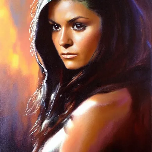Prompt: ultra realistic portrait painting of nina dobrev in an old western, art by frank frazetta, 4 k, ultra realistic, highly detailed, epic lighting.