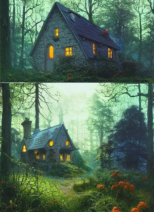 Image similar to hyper realistic witch cottage with solar panels with happy lighting and technology in the woods gorgeous lighting, sunbeams blue sky, lush forest foliage painting by zdzisław beksinski and norman rockwell and greg rutkowski weta studio, and lucasfilm