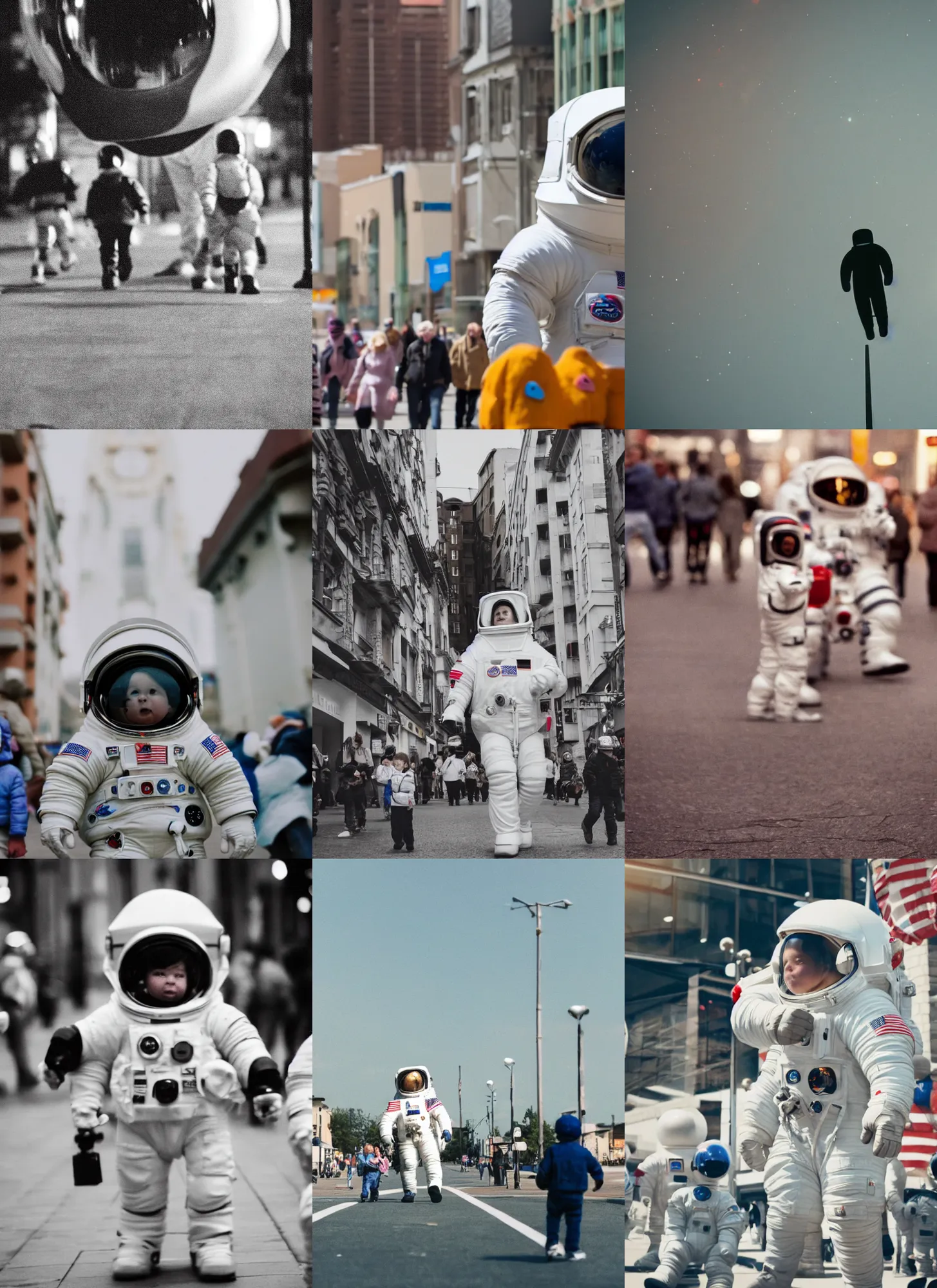 Prompt: extreme low angle, white giant towering chubby american astronaut in spacesut with oversized helmet walking in legnica amongst tiny people, movie still, bokeh, canon 5 0 mm, cinematic lighting, dramatic, film, photography, depth of field, award - winning, overcast, 8 k, 3 5 mm film grain