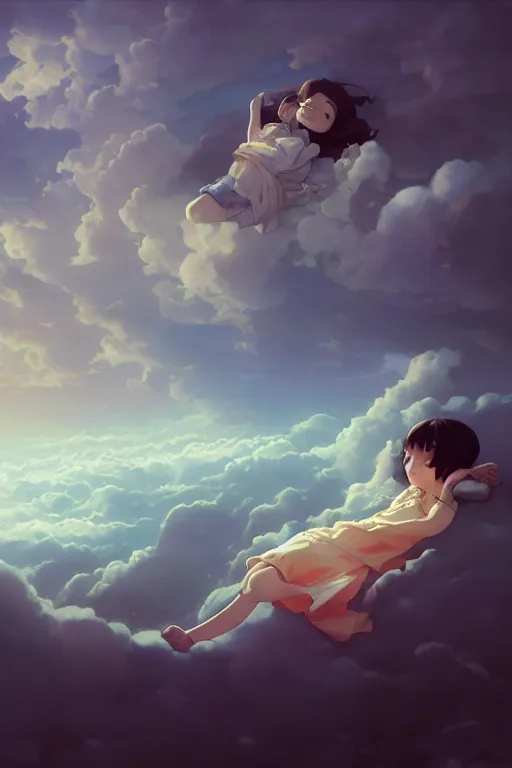 Prompt: beautiful scene render of a little girl sleeping on the seas of clouds, the vast sky, perfectly shaded, atmospheric lighting, style of makoto shinkai and peter mohrbacher, studio ghibli. artgerm, karol bak, beeple, animation style, 8 k hd, ultra wide angle, hyper detailed